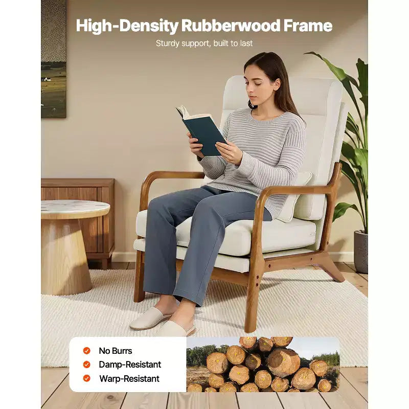 VEVOR Accent Chair, High Back Mid Century Modern Armchair with Solid Wood Frame and Non-Slip Legs, Upholstered Leisure Chair, Beige
