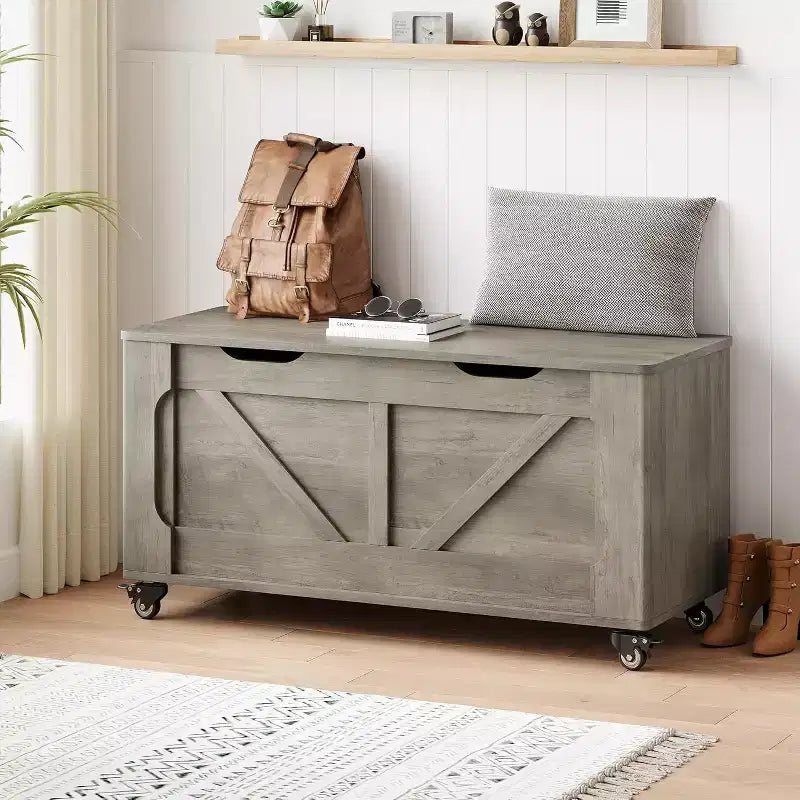 Storage Bench with 4 Wheels, 39.4 Wooden Blanket Chest with 2 Safety Hinges, Round Corner, Supports 350 lbs, for Entryway, Living Room, Bedroom