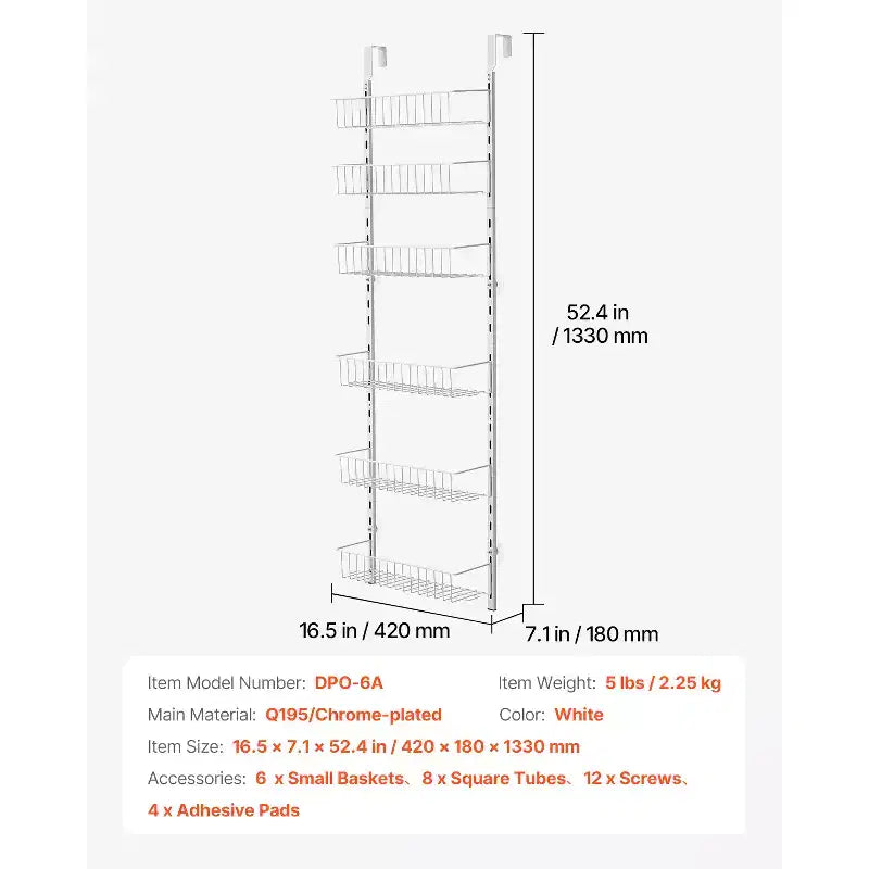VEVOR Over the Door Pantry Organizer, 6-Tier Pantry Organization and Storage, Heavy-Duty Steel Hanging Spice Rack, White