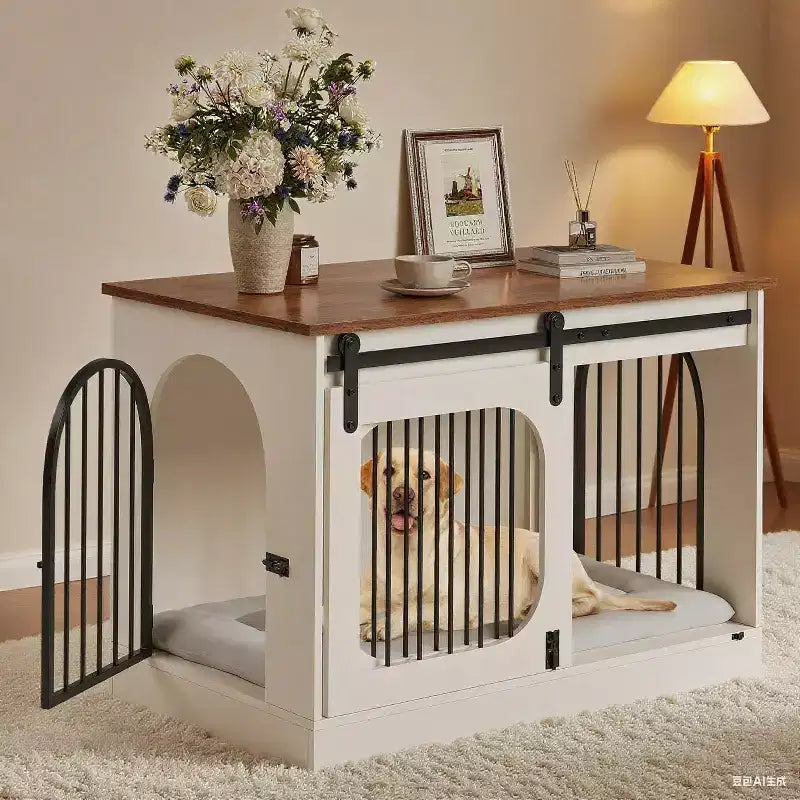 Dog Crate Furniture - Wooden Kennel with 3 Doors & Bed Mat, Multi-Functional Side Table