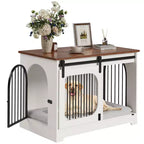 Dog Crate Furniture - Wooden Kennel with 3 Doors & Bed Mat, Multi-Functional Side Table