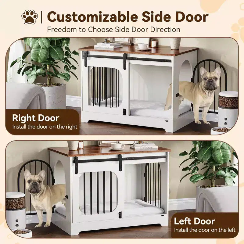Dog Crate Furniture - Wooden Kennel with 3 Doors & Bed Mat, Multi-Functional Side Table