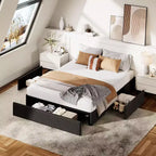 Bed Frame with 3 Storage Drawers, Fabric Upholstered Platform Bed, Wooden Slats Support, No Box Spring Needed, Noise Free, Easy Assembly, Grey