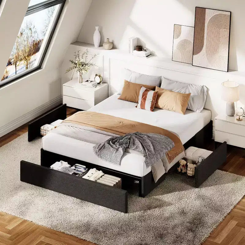 Bed Frame with 3 Storage Drawers, Fabric Upholstered Platform Bed, Wooden Slats Support, No Box Spring Needed, Noise Free, Easy Assembly, Grey