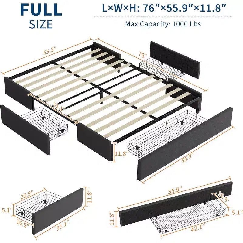 Bed Frame with 3 Storage Drawers, Fabric Upholstered Platform Bed, Wooden Slats Support, No Box Spring Needed, Noise Free, Easy Assembly, Grey