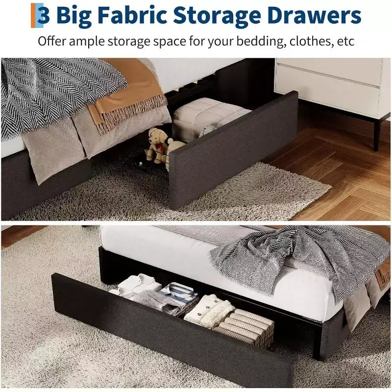 Bed Frame with 3 Storage Drawers, Fabric Upholstered Platform Bed, Wooden Slats Support, No Box Spring Needed, Noise Free, Easy Assembly, Grey