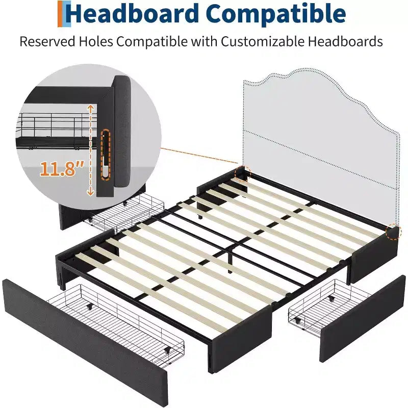 Bed Frame with 3 Storage Drawers, Fabric Upholstered Platform Bed, Wooden Slats Support, No Box Spring Needed, Noise Free, Easy Assembly, Grey