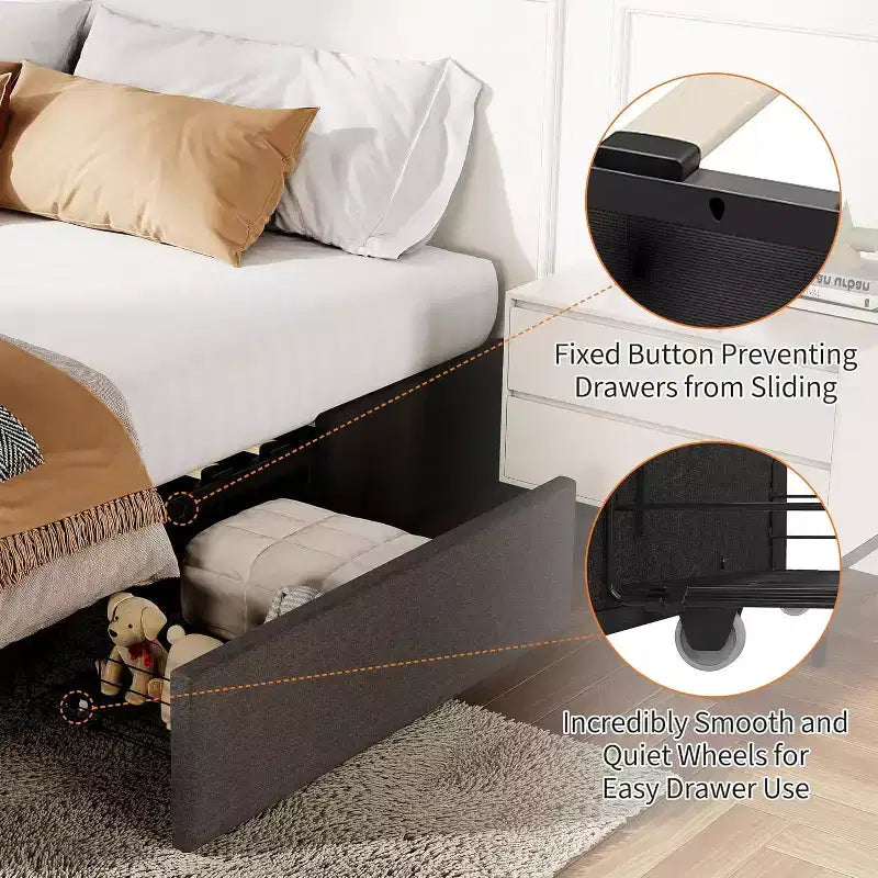 Bed Frame with 3 Storage Drawers, Fabric Upholstered Platform Bed, Wooden Slats Support, No Box Spring Needed, Noise Free, Easy Assembly, Grey