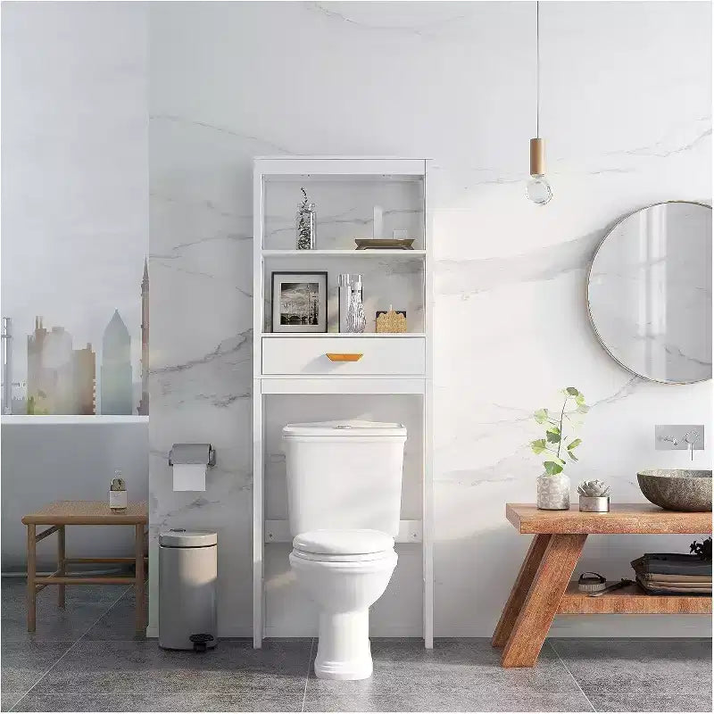 Acekool Bathroom Over Toilet Storage Cabinet with 1 Drawer and 2 Open Shelves, Freestanding Wooden Storage Shelf for Bathroom White