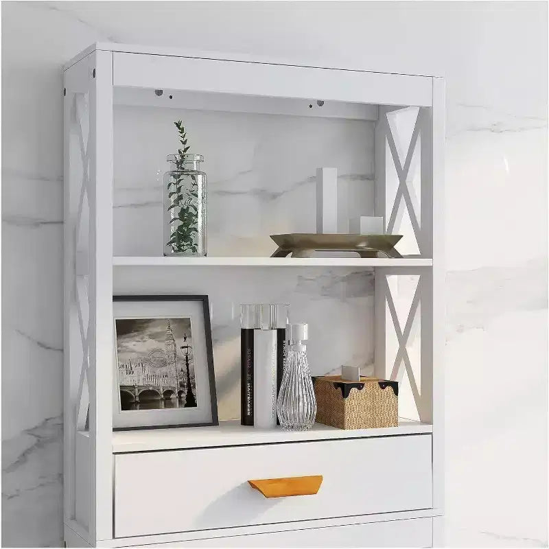 Acekool Bathroom Over Toilet Storage Cabinet with 1 Drawer and 2 Open Shelves, Freestanding Wooden Storage Shelf for Bathroom White