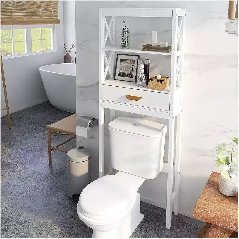 Acekool Bathroom Over Toilet Storage Cabinet with 1 Drawer and 2 Open Shelves, Freestanding Wooden Storage Shelf for Bathroom White