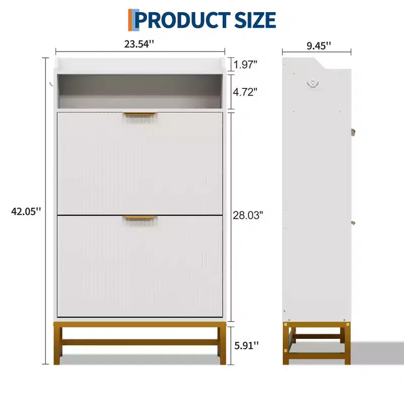 Meuble à chaussures en bois pour entrée avec 2 tiroirs basculants et étagère de rangement ouverte, niveaux réglables, poignées en métal doré et panneau cannelé