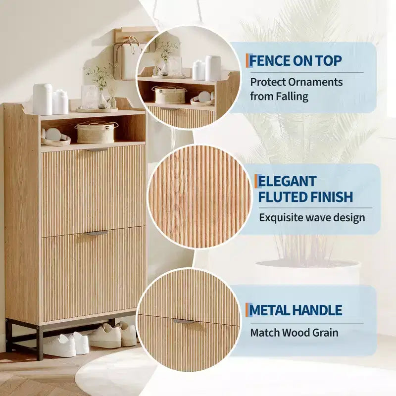 Meuble à chaussures en bois pour entrée avec 2 tiroirs basculants et étagère de rangement ouverte, niveaux réglables, poignées en métal doré et panneau cannelé