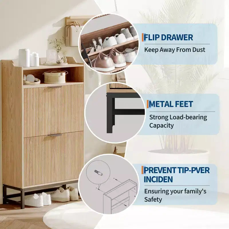 Meuble à chaussures en bois pour entrée avec 2 tiroirs basculants et étagère de rangement ouverte, niveaux réglables, poignées en métal doré et panneau cannelé