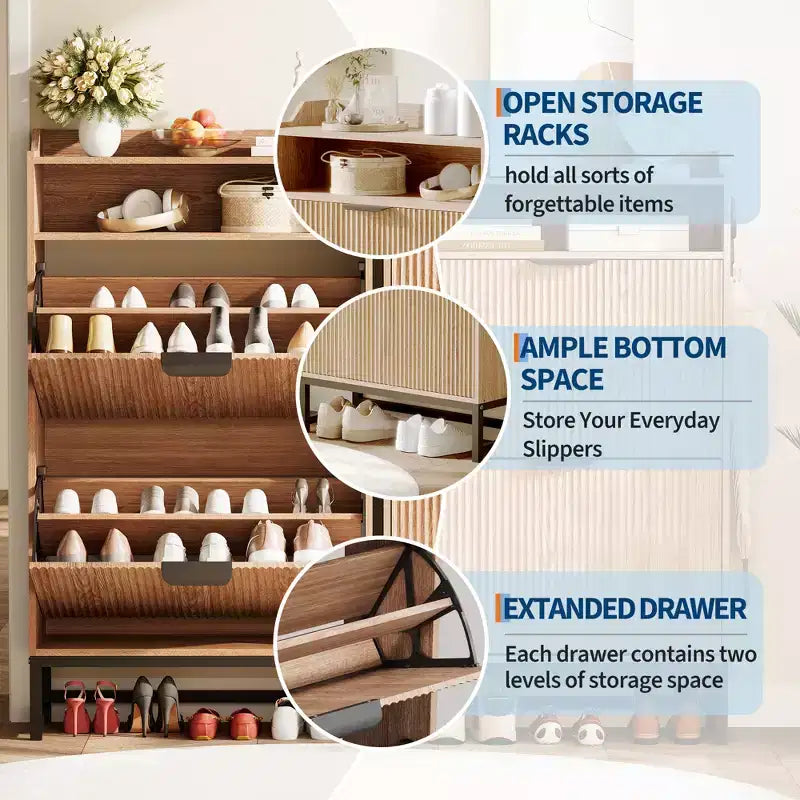 Meuble à chaussures en bois pour entrée avec 2 tiroirs basculants et étagère de rangement ouverte, niveaux réglables, poignées en métal doré et panneau cannelé