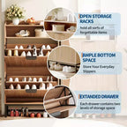 Meuble à chaussures en bois pour entrée avec 2 tiroirs basculants et étagère de rangement ouverte, niveaux réglables, poignées en métal doré et panneau cannelé