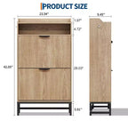 Meuble à chaussures en bois pour entrée avec 2 tiroirs basculants et étagère de rangement ouverte, niveaux réglables, poignées en métal doré et panneau cannelé