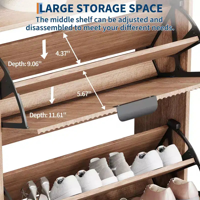 Meuble à chaussures en bois pour entrée avec 2 tiroirs basculants et étagère de rangement ouverte, niveaux réglables, poignées en métal doré et panneau cannelé