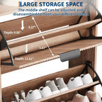Meuble à chaussures en bois pour entrée avec 2 tiroirs basculants et étagère de rangement ouverte, niveaux réglables, poignées en métal doré et panneau cannelé