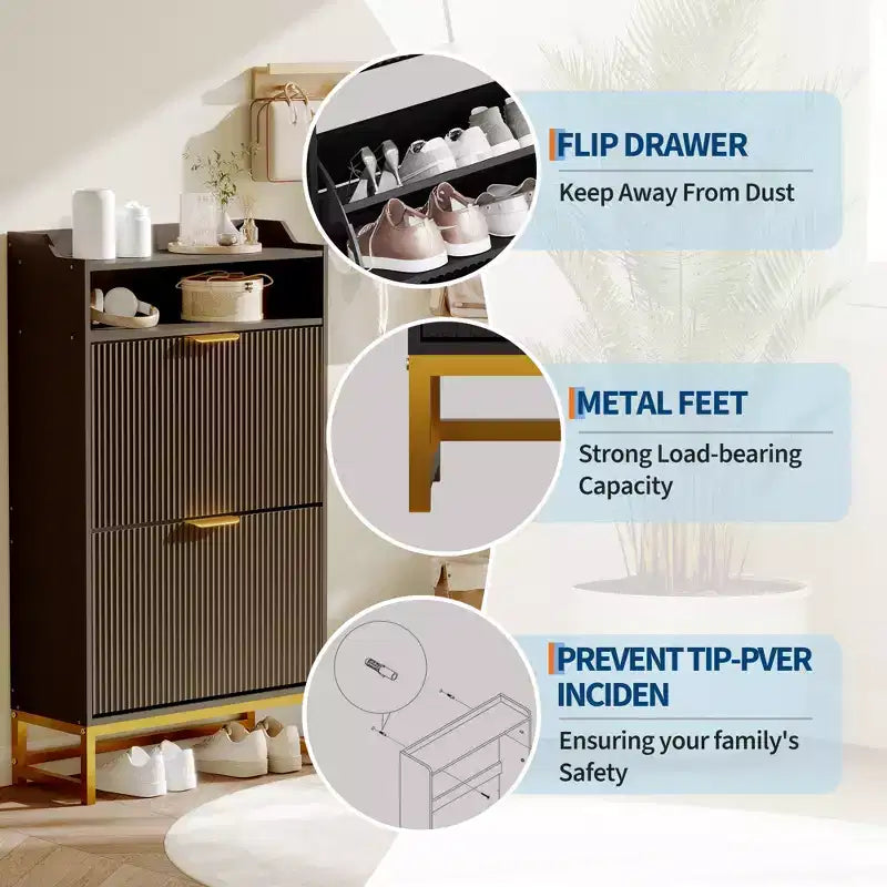 Meuble à chaussures en bois pour entrée avec 2 tiroirs basculants et étagère de rangement ouverte, niveaux réglables, poignées en métal doré et panneau cannelé