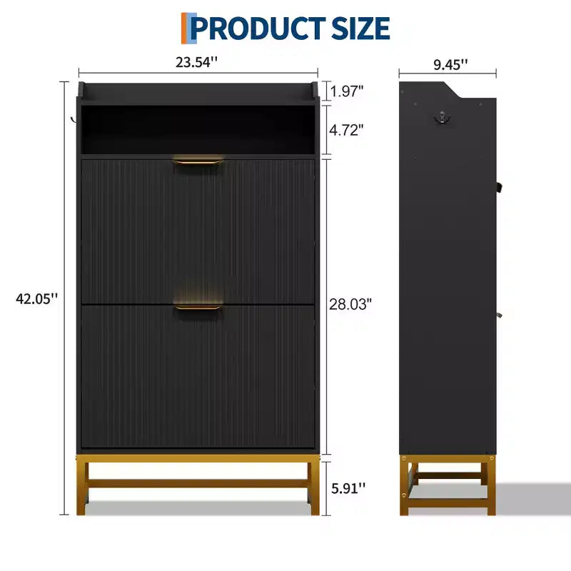 Meuble à chaussures en bois pour entrée avec 2 tiroirs basculants et étagère de rangement ouverte, niveaux réglables, poignées en métal doré et panneau cannelé