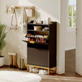 Wood Shoe Cabinet Storage for Entryway with 2 Flip Drawers & Open Storage Shelf, Adjustable Levels,Gold Metal Handles&Fluted Panel