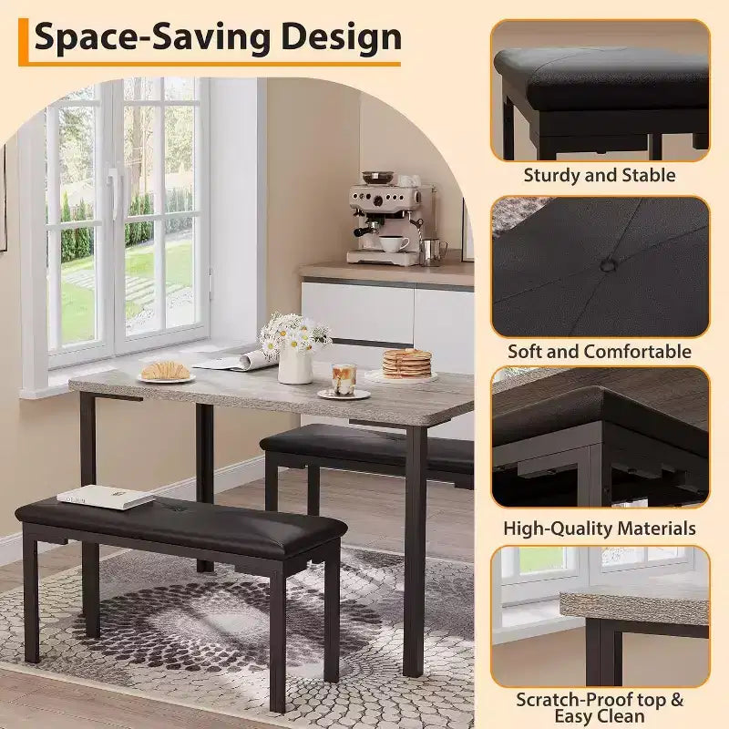 43.3 Dining Table Set for 4 with 2 Upholstered Soft Benches Metal Frame 3 Piece Rectangle Kitchen Table Set Space-Saving for Home