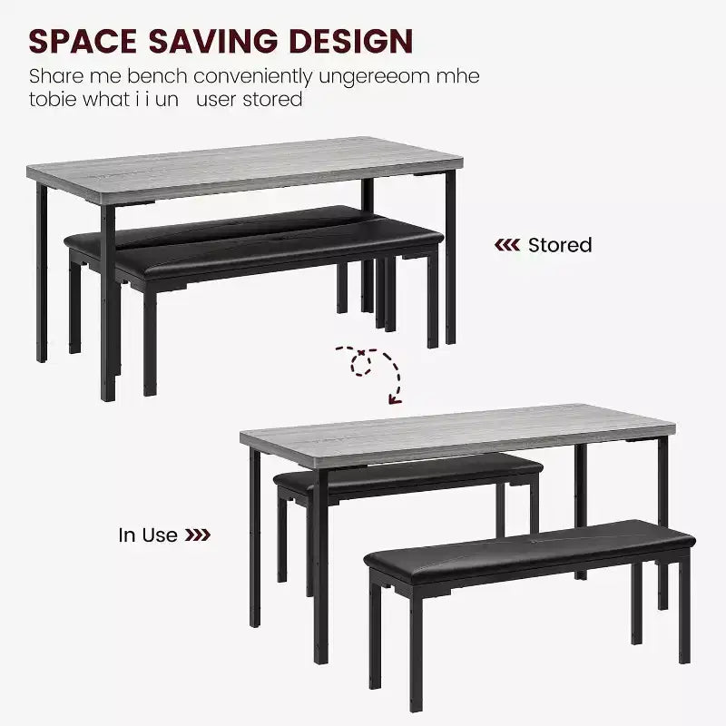 43.3 Dining Table Set for 4 with 2 Upholstered Soft Benches Metal Frame 3 Piece Rectangle Kitchen Table Set Space-Saving for Home