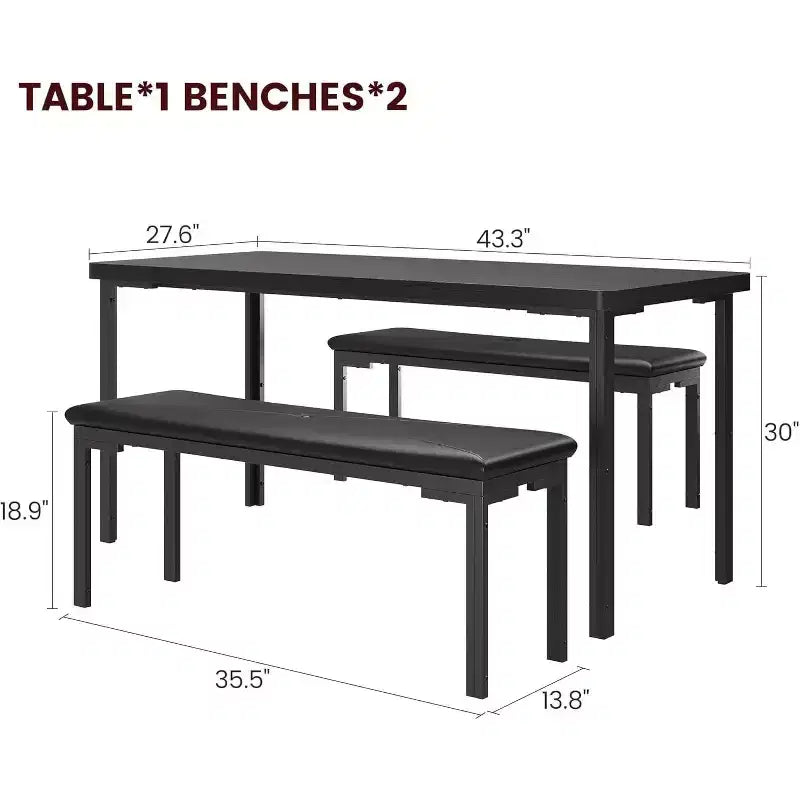 43.3 Dining Table Set for 4 with 2 Upholstered Soft Benches Metal Frame 3 Piece Rectangle Kitchen Table Set Space-Saving for Home