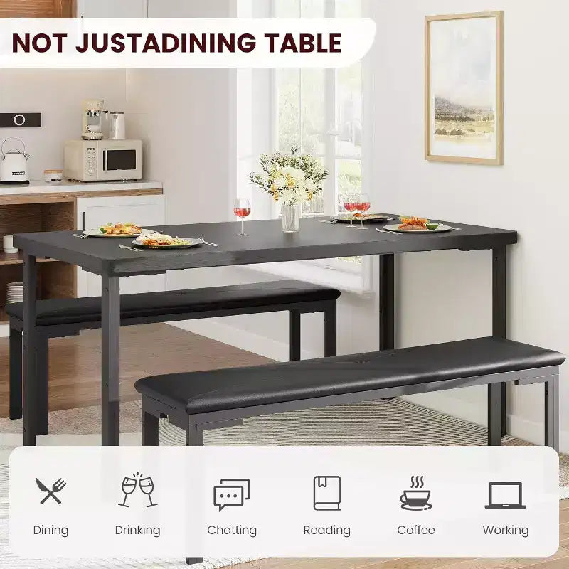 43.3 Dining Table Set for 4 with 2 Upholstered Soft Benches Metal Frame 3 Piece Rectangle Kitchen Table Set Space-Saving for Home