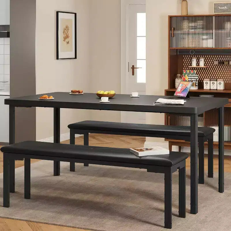 43.3 Dining Table Set for 4 with 2 Upholstered Soft Benches Metal Frame 3 Piece Rectangle Kitchen Table Set Space-Saving for Home