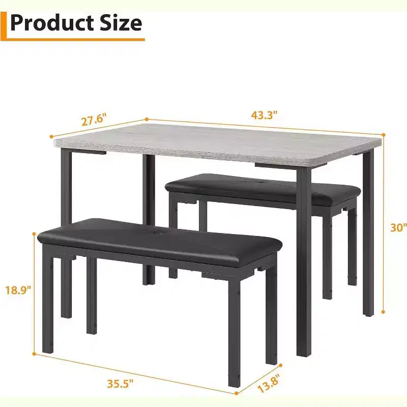 43.3 Dining Table Set for 4 with 2 Upholstered Soft Benches Metal Frame 3 Piece Rectangle Kitchen Table Set Space-Saving for Home