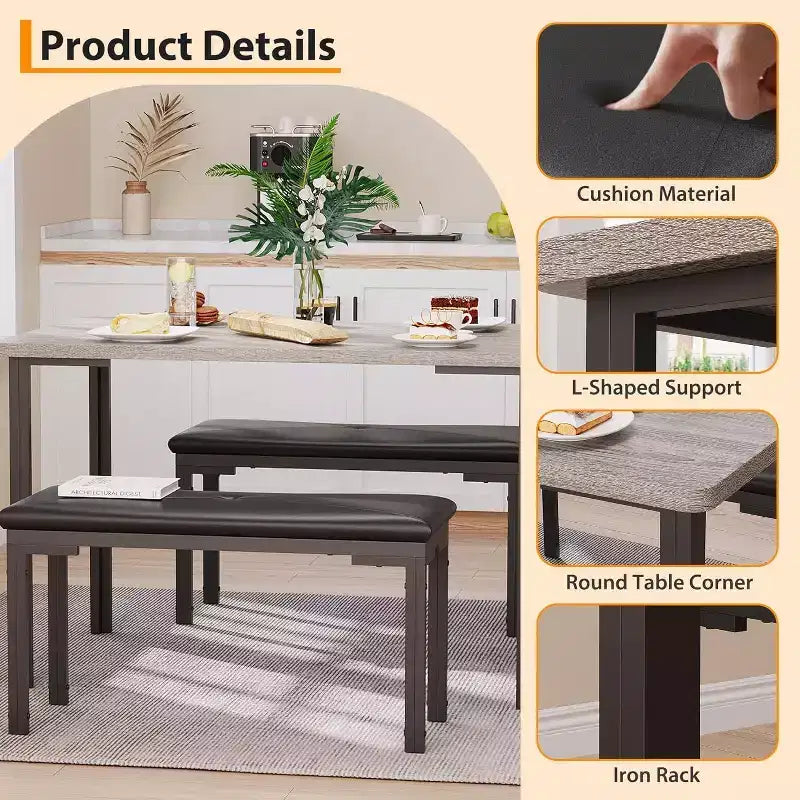 43.3 Dining Table Set for 4 with 2 Upholstered Soft Benches Metal Frame 3 Piece Rectangle Kitchen Table Set Space-Saving for Home