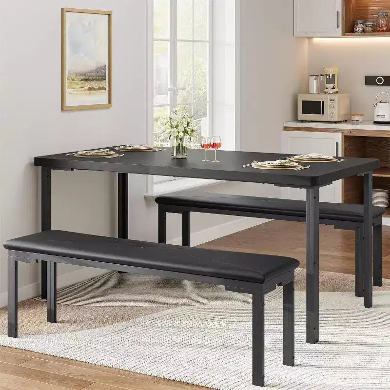 43.3 Dining Table Set for 4 with 2 Upholstered Soft Benches Metal Frame 3 Piece Rectangle Kitchen Table Set Space-Saving for Home