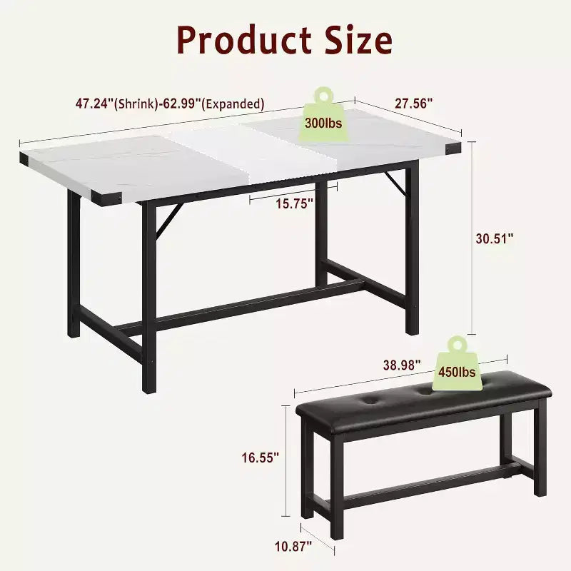Farmhouse Extendable Dining Table Set for 4/ 6, Large Dining Table Set with Two Upholstered Benches, for Home, Dining room White Marble