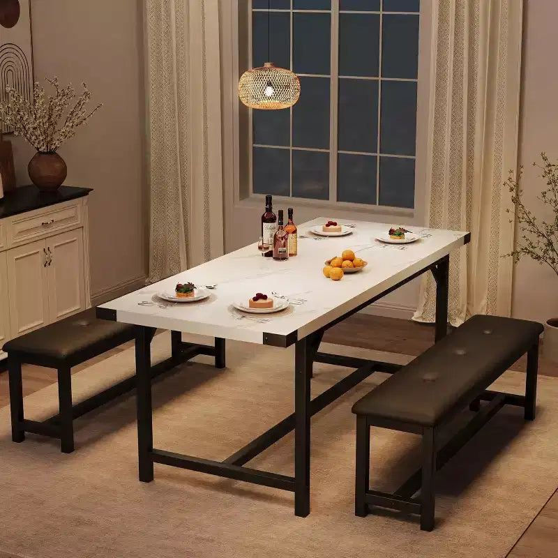 Farmhouse Extendable Dining Table Set for 4/ 6, Large Dining Table Set with Two Upholstered Benches, for Home, Dining room White Marble