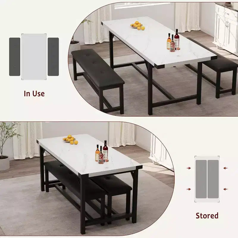 Farmhouse Extendable Dining Table Set for 4/ 6, Large Dining Table Set with Two Upholstered Benches, for Home, Dining room White Marble