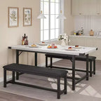 Farmhouse Extendable Dining Table Set for 4/ 6, Large Dining Table Set with Two Upholstered Benches, for Home, Dining room White Marble