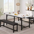 Farmhouse Extendable Dining Table Set for 4/ 6, Large Dining Table Set with Two Upholstered Benches, for Home, Dining room White Marble