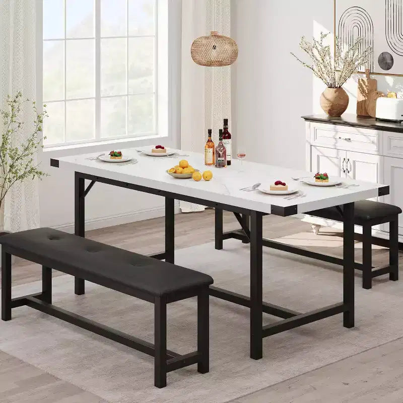 Farmhouse Extendable Dining Table Set for 4/ 6, Large Dining Table Set with Two Upholstered Benches, for Home, Dining room White Marble