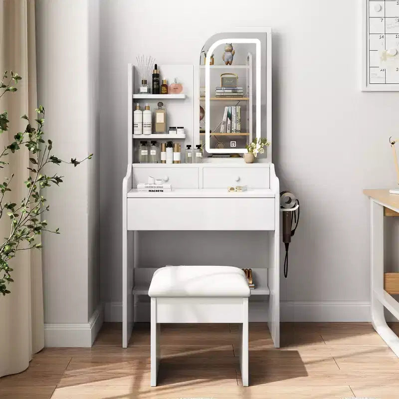 GDFStudio Draxen Modern Mirror Vanity Set with LED, Hair Dryer Holder, 3 Drawers and Open Shelves