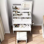 GDFStudio Draxen Modern Mirror Vanity Set with LED, Hair Dryer Holder, 3 Drawers and Open Shelves