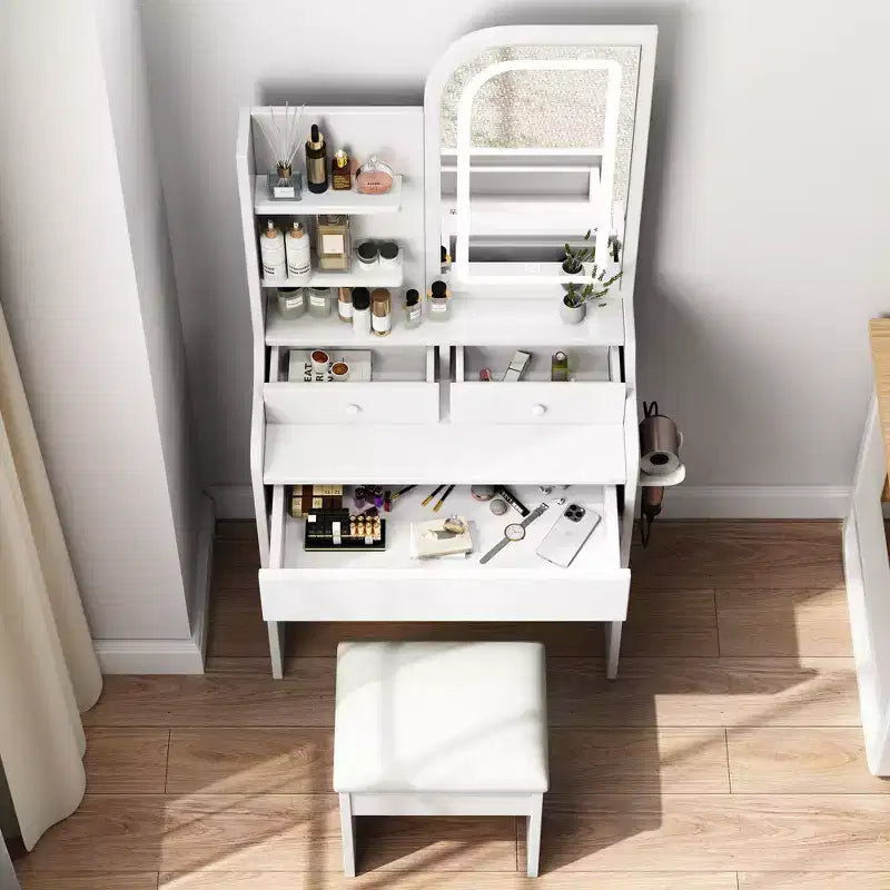 GDFStudio Draxen Modern Mirror Vanity Set with LED, Hair Dryer Holder, 3 Drawers and Open Shelves