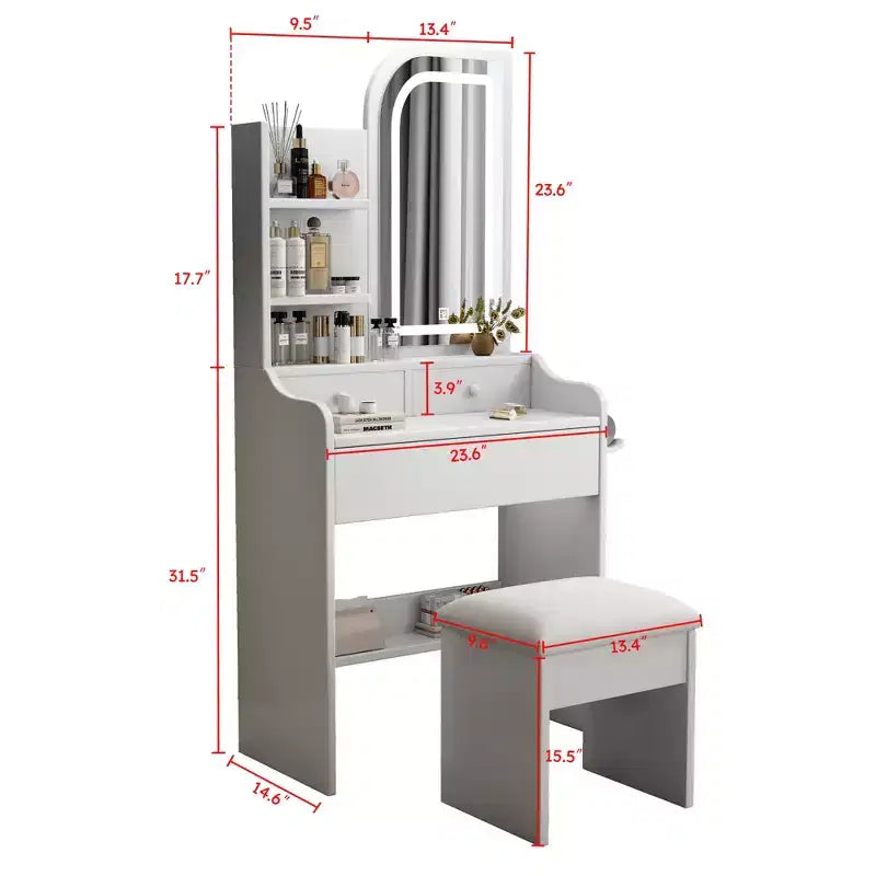GDFStudio Draxen Modern Mirror Vanity Set with LED, Hair Dryer Holder, 3 Drawers and Open Shelves