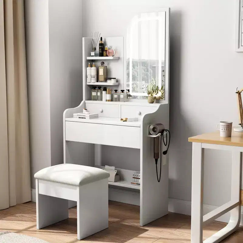 GDFStudio Draxen Modern Mirror Vanity Set with LED, Hair Dryer Holder, 3 Drawers and Open Shelves