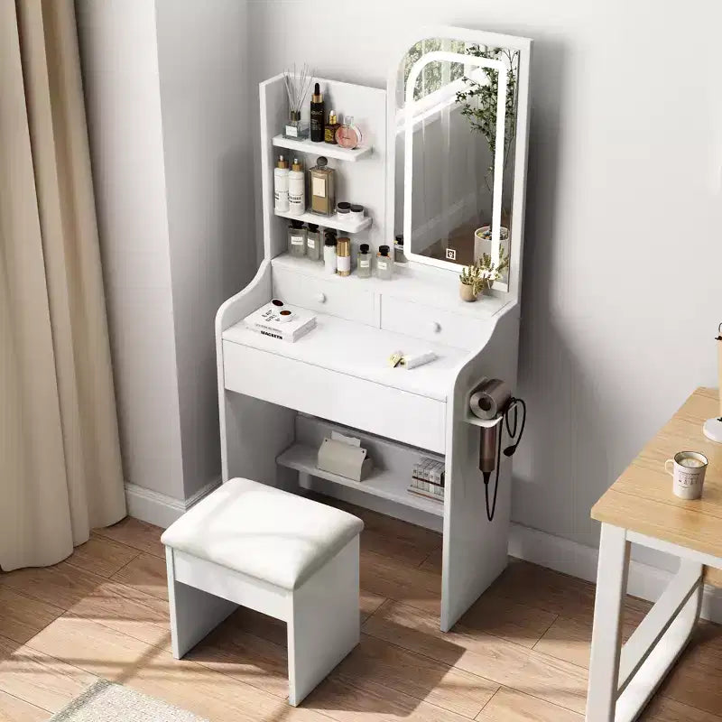 GDFStudio Draxen Modern Mirror Vanity Set with LED, Hair Dryer Holder, 3 Drawers and Open Shelves