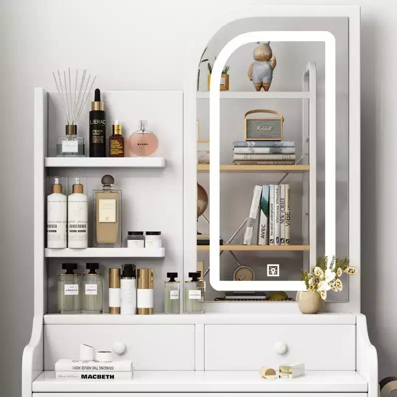 GDFStudio Draxen Modern Mirror Vanity Set with LED, Hair Dryer Holder, 3 Drawers and Open Shelves