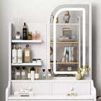 GDFStudio Draxen Modern Mirror Vanity Set with LED, Hair Dryer Holder, 3 Drawers and Open Shelves