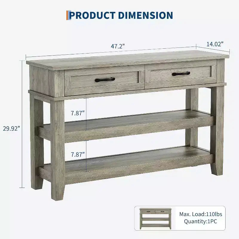 Farmhouse Style Console Table with 2 Drawers & 3 Shelves, Entryway Table with Storage, Grey Sofa Table for Living Room, Hallway, Entry