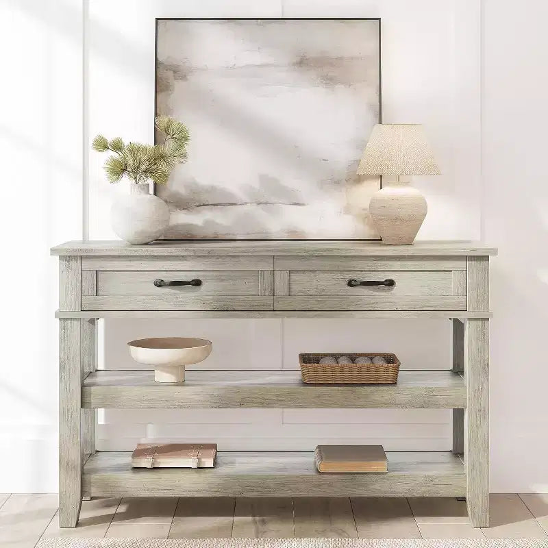 Farmhouse Style Console Table with 2 Drawers & 3 Shelves, Entryway Table with Storage, Grey Sofa Table for Living Room, Hallway, Entry